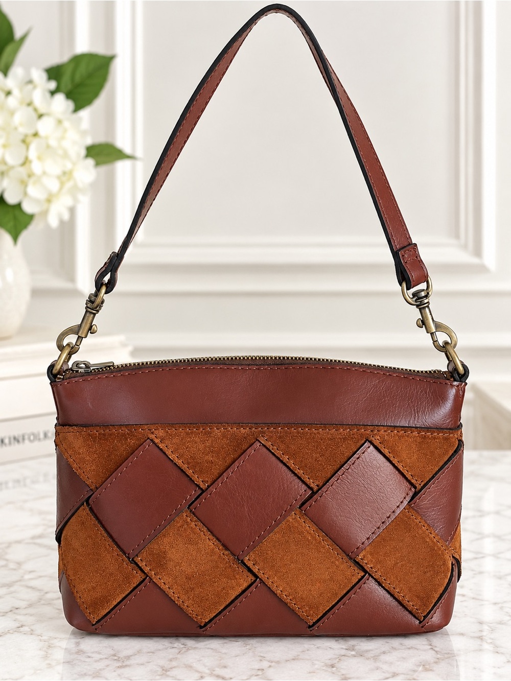 Patricia Nash Brown Leather Suede Woven Patchwork Shoulder Bag Boho